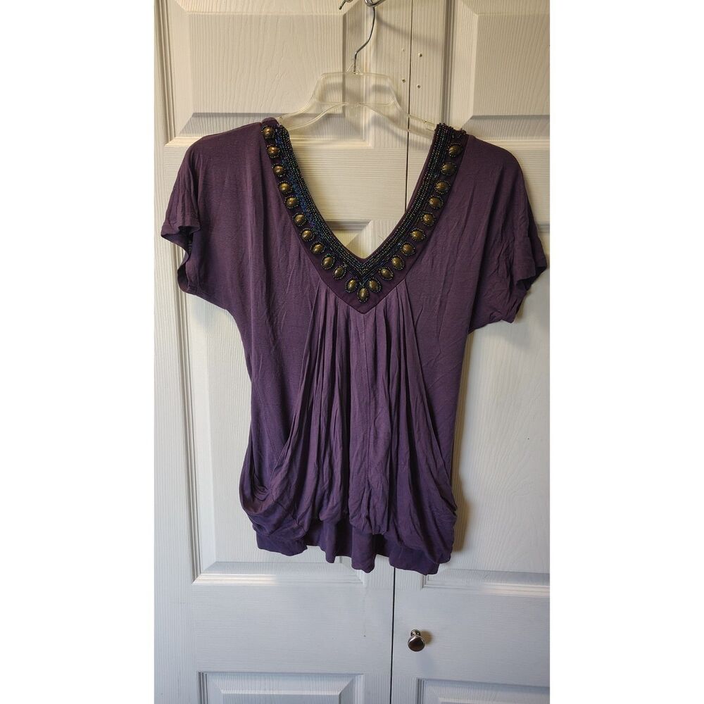 Studio Y Beaded V-Neck Blouson Drape Neck Top Small